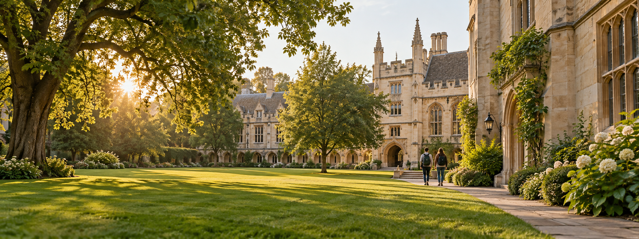 Illustrative university courtyard with stone buildings, green lawns and students