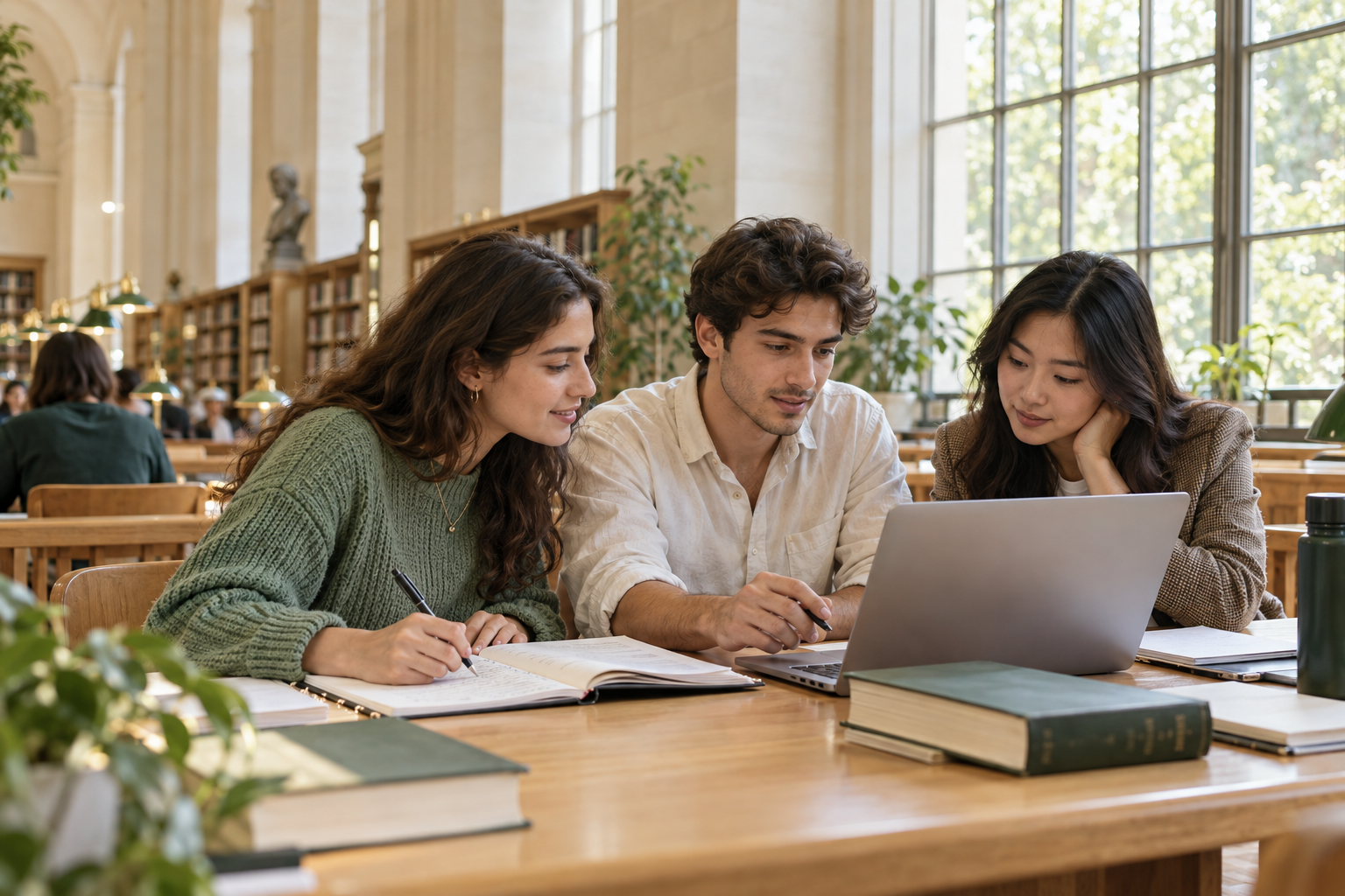 Illustrative university students working together with notebooks and a laptop in a bright library